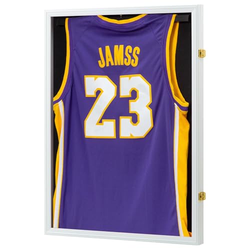 Jersey Frame Display Case, Large Lockable Shadow Box Sports Jersey Frame with UV Protection Acrylic and 2 Hanger for Baseball Basketball Football Soccer Hockey Shirt,Uniform, Graduates White