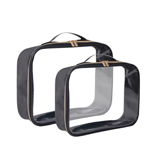 Froxique Paquete de 2 bolsas de aseo transparentes para mujeres que viajan, bolsa de maquillaje aprobada por la TSA, con cremallera dorada y asa, bolsas de cosméticos de PVC para aeropuerto,