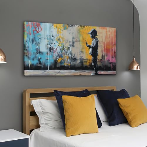Peinture sur toile Banksy street art avec cadre 75x150 cm pour décoration de salon moderne
