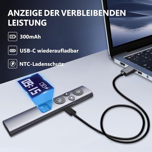 Norwii N95s BLE Präsentations-Fernbedienung mit digitalem Zeiger für PowerPoint-Präsentationen auf TV/Projektionsflächen, drahtlose Presenter-Fernbedienung mit Countdown-Timer (Grün - USB-AC)