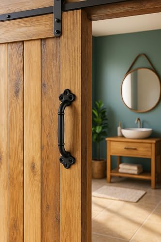 Image of 9 Inch Clover Barn Door Handle - Black Cast Iron Pull for Sliding Doors, Gates, Sheds, Fences, Closets - Indoor Outdoor Farmhouse Hardware