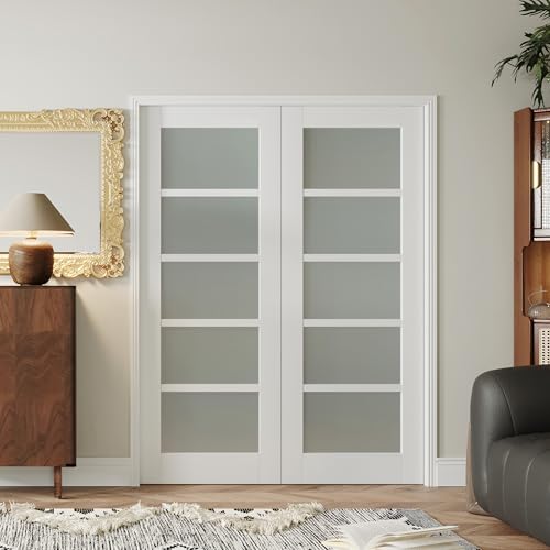 Image of 56 inch x 80 inch French Interior Door, 5 Lite Tempered Frosted Glass Panel for Pantry & Bedroom, Double Pre-drilled Holes Slab Doors, White Primed, Assembly Required (Hinges Not Included)