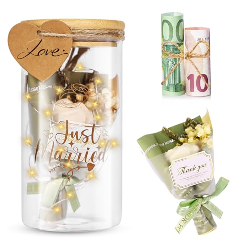 DUBUOZA Hochzeitsgeschenke für Brautpaar, Hochzeitsgeschenk Geld, LED-Flaschenlichter für Hochzeiten mit Trockenblumen und Anhängern, Just Married...