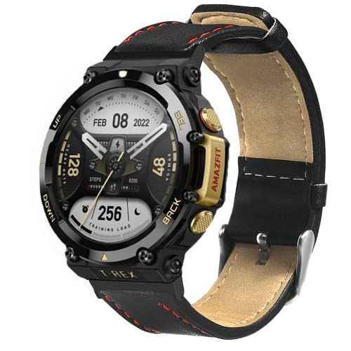 KangPlus Wrist Bracelet Compatible with Amazfit T-Rex 2,Pu Leather Replacement Wristband Sport Comfortable Adjustable Band with Remove Tool for Women Men - Black