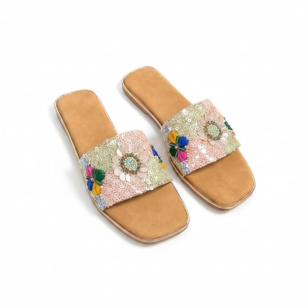 Women’s Embellished Floral Slide Slippers | Stylish Flat Slip-On Sandals for Women | Ethnic & Casual Fashion Footwear for Daily Wear-image-23