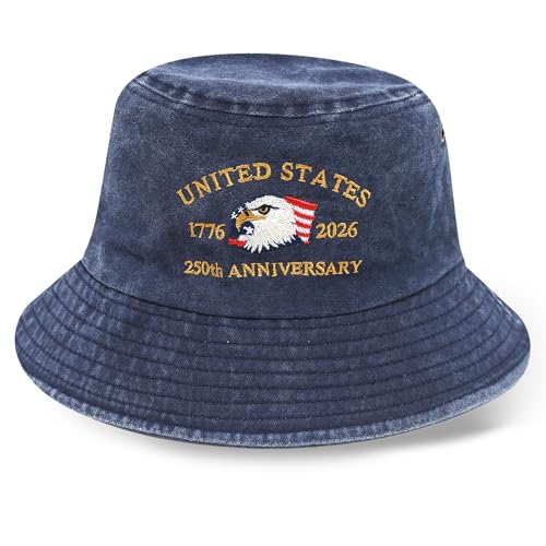 Evankin 250 Anniversary USA Hat, American Flag Eagle Bucket Hat for Women Men, Funny Packable Sun Protection Beach Cap, Patriotic Outdoor Fisherman Headwear(Blue)