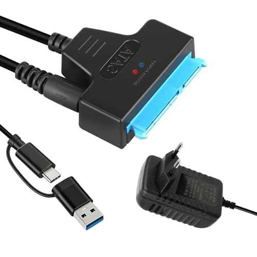 Bpzmm SATA USB Adapter mit 12V 2A Netzteil, USB 3.0 auf SATA Adapter für 2,5 3,5 Zoll HDD/SSD, Typ C auf SATA Festplattenadapter, Kompatibel mit Windows, Mac und Linux