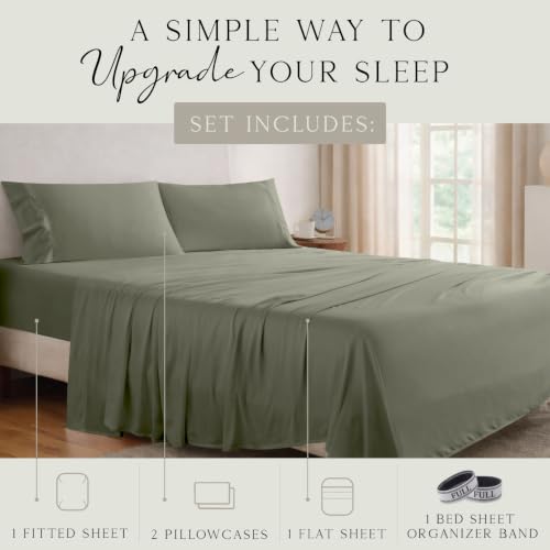 Image of KARISSA MAE Luxury Bamboo Viscose Full Size Sheet Set | FSC Certified | Cooling | Ultra Soft | 18 inch Deep Pockets | Elastic Corner Straps | Includes Organizer Band [Cypress Green]