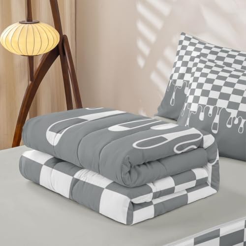 Image of Neutral Grey Checkered Zipper Bedding Set Twin Zip Up Bedding Gingham Checkerboard Drip Comforter Set with Sheets,Retro Aesthetic Funky Modern Geometric Bed in a Bag Grid Plaid Bed Sets Y2K Room Decor