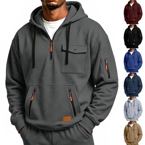 Work Hoodies for Men Quarter Zip Pullover Utility Pockets Hooded Sweatshirt - image 1