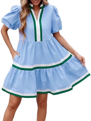 Image of LifeShe Womens Puff Sleeve Babydoll Dress V Neck Navy Blue Striped Color Block Tiered Mini Dresses