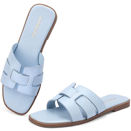 Image of Flat Sandals for Women Comfortable Slip On Dressy Summer Leather Slides with Square Open Toe