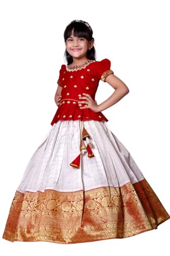 Image of Wommaniya Impex New south Indian traditional pattu pavadai Jecquard Lehenga choli for girls dress