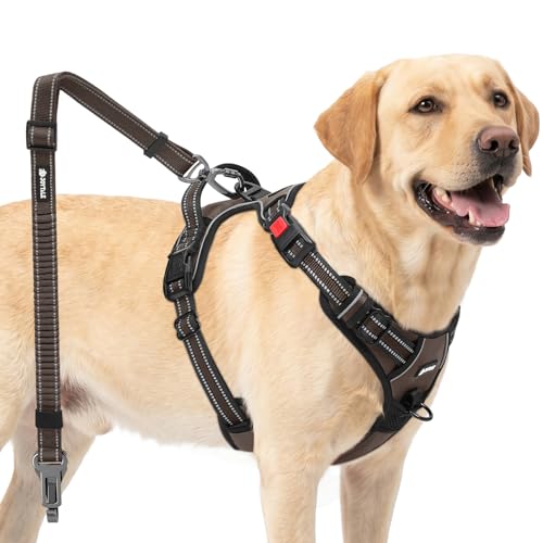 Joytale No Pull Dog Harness and Car Seat Belt Set, Padded 3-Buckle Easy On for Large Dogs, Reflective Vest with Front Clip & Control Handle for Stress-Free Walks & Safe Travel, Brown, L