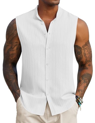 COOFANDY Mens Sleeveless Summer Shirts Beach Tank Tops Button Up Textured Tank Shirt for Vacation