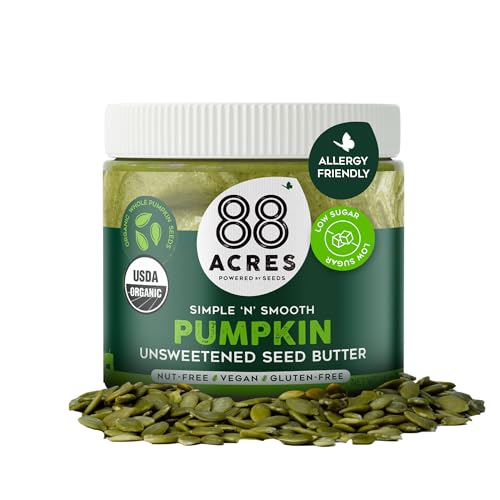 88 Acres Organic Pumpkin Seed Butter, Unsweetened, 14 oz Jar, 2 Pack, Butter Spread with 9g Plant-Based Protein, Gluten Free, Nut Free, Vegan, Non-GMO