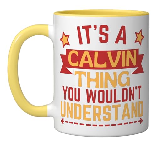 Calvin Name Funny Gift For Calvin Ceramic Mug, Yellow/White