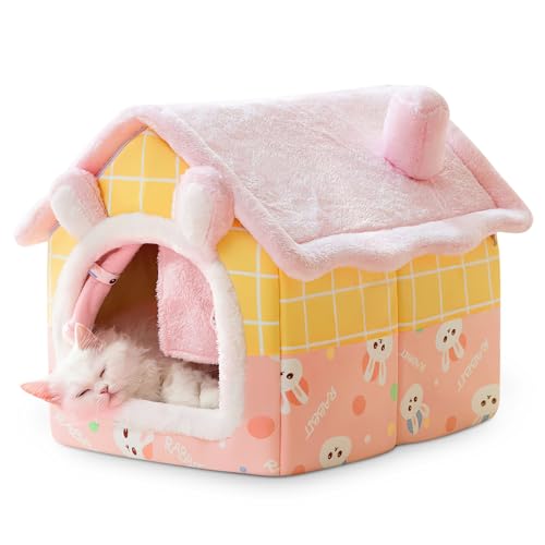 ALLSOPETS Casa Perro Interior y Casa para Gatos, Cama Cueva Plegable e Iglú de Felpa Cálida y Acogedora, Lavable con Cojín Extraíble y Fondo Antideslizante (Conejito Rosa, M)