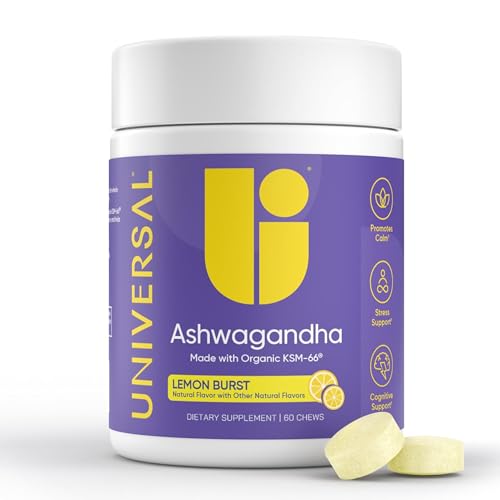 Universal U Calm + Focus Ashwagandha Chews – KSM-66® 300 mg Clinically Studied Extract for Stress Relief, Mood Balance & Calm Energy – Lemon Flavor – 60 Chews