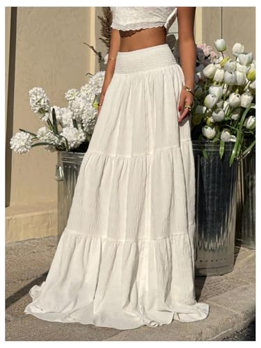 Women's Boho Tiered Ruffle Flowy Maxi Skirt Elastic High Waisted Summer Skirts2