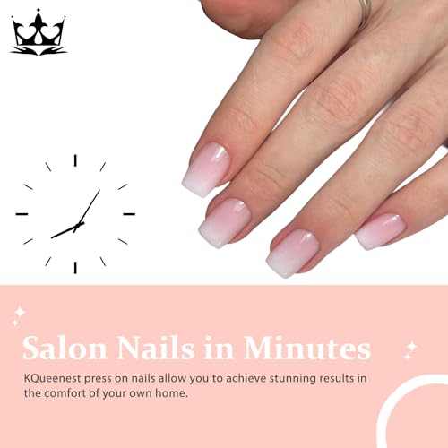 KQueenest Gradient Pink Press On Nails Medium Short Square Fake Nails with Design Natural Ombre Nails Press On,Acrylic Glue On Nails For Women,Thick Short Coffin French Nails for Daily Finger Wear - Image 7