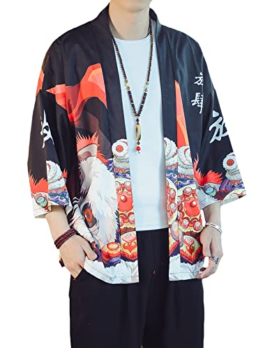 Image of PRIJOUHE Men's Lightweight Kimono Jacket Seven Sleeve Open Front Cardigan Coat Japanese Style Bathrobe