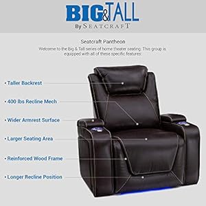 Seatcraft pantheon big tall home theater seating living room 400 lbs capacity italian leather power recliner powered headrest and lumbar cupholders arm storage brown  urban country home decor