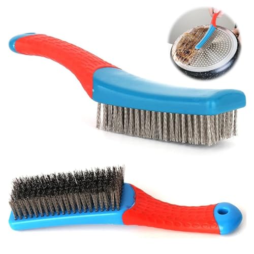 Feirdhoo 2 piezas de cepillo de alambre de acero inoxidable, cepillo de acero reforzado cuenta con un mango grueso y cómodo de plástico, cepillos de alambre robustos para limpieza de parrilla