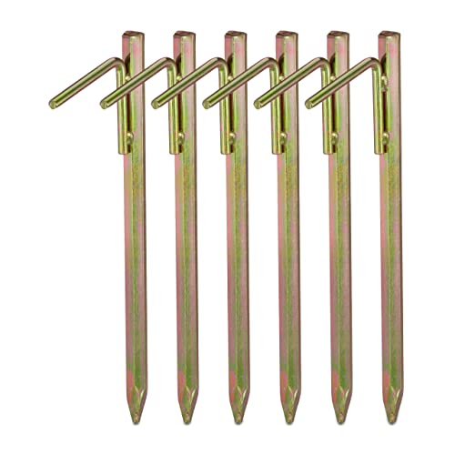 Relaxdays Bodenanker, 6er Set, Sturmheringe für Zelt, Pavillon UVM., für Harte Böden, Haken, 30 cm, Stahl Erdanker, Gold