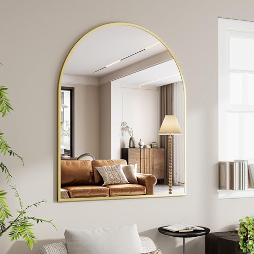 Image of BEAUTYPEAK 36 inchx48 inch Arch Bathroom Mirror, Wall Mounted Vanity Metal Frame Mirror for Bedroom, Entryway, Living Room, Gold