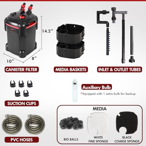 PONDFORSE Canister Filter, External Aquarium Filter Ultra-Quiet Water Circulation Cleaning Machine with Media for Fish Tanks and Aquariums