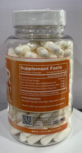 Fortematic USA'S Most Fiber Rich Supplement 120 Capsules Mega Dose 3000mg Blend Psyllium Husk, Aloe Vera, Chia Seed & Flaxseed Powder Gut Health, Cleanliness, Constipation