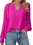 Dokotoo Women's Blouses Shirts Smocked Puff V Neck Womens Long Sleeve Tops Oversized Ladies T-Shirts Chiffon Blouse Casual Women Tunic Top Pink M UK 10 12