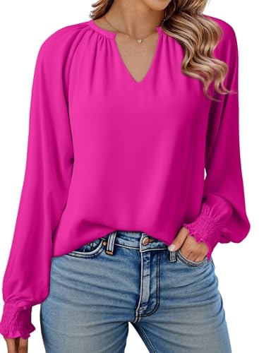 Image of Dokotoo Women's Blouses Shirts Smocked Puff V Neck Womens Long Sleeve Tops Oversized Ladies T-Shirts Chiffon Blouse Casual Women Tunic Top Pink M UK 10 12