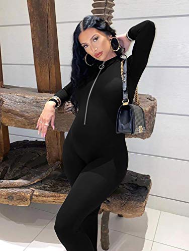 Xxtaxn Women's Sexy Bodycon Long Sleeve V Neck Zipper Jumpsuit Rompers Black #TOP2