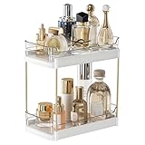 SOVGIZF 2 Tier Bathroom Counter Organizer, Removable Clear Tray Vanity Shelf for Makeup, Perfume, Skincare,Slide out Cosmetics Countertop Storage Rack for Bathroom Dresser，White