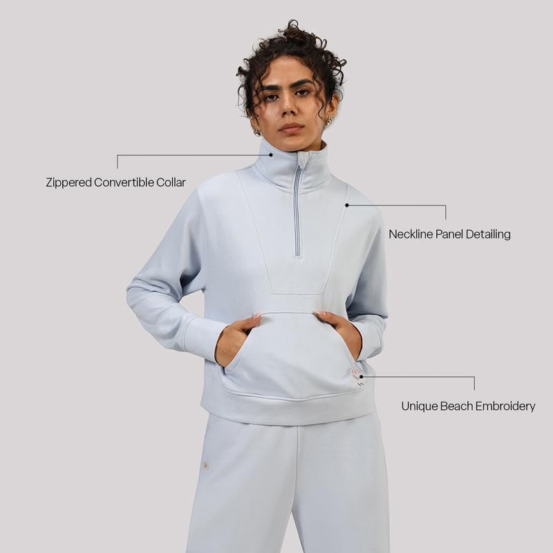 Image of BlissTerry Half Zip | Zippered front |Convertible collar to style |Kangaroo pocket for essentials |Ribbed cuffs |Cropped length
