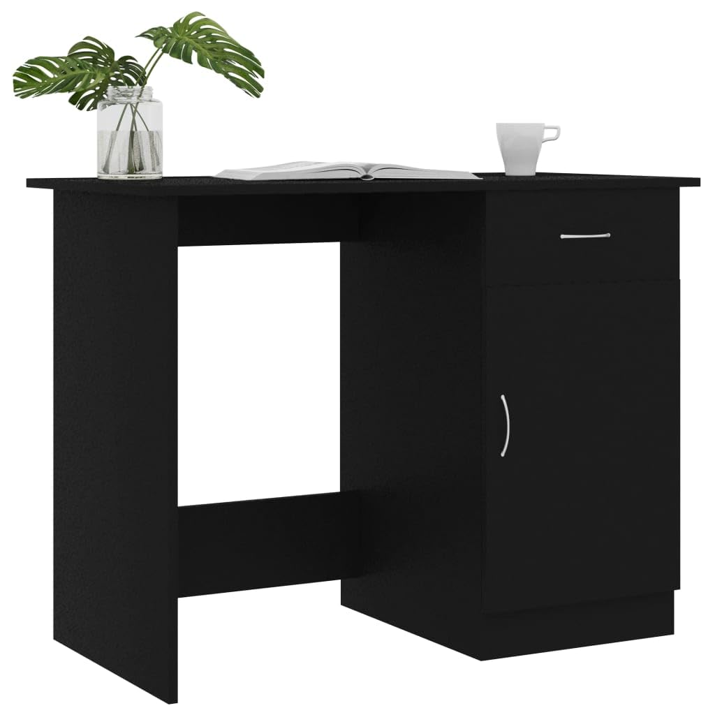 Scrivania moderna nera 100 x 50 x 76 cm, materiale in legno, con cassetto e porta, scrivania compatta per computer per casa, ufficio, giochi, cameretta dei bambini