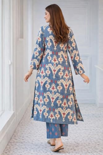 Image of ANNI Designer Kurta Sets for Women Cotton Blend Printed | Kurti Set for Woman | Kurta Palazzo Dupatta Set | Straight Kurti | Round Neck V-Slit Full Sleeve Suit Set for Women Stylish Ethnic Outfit