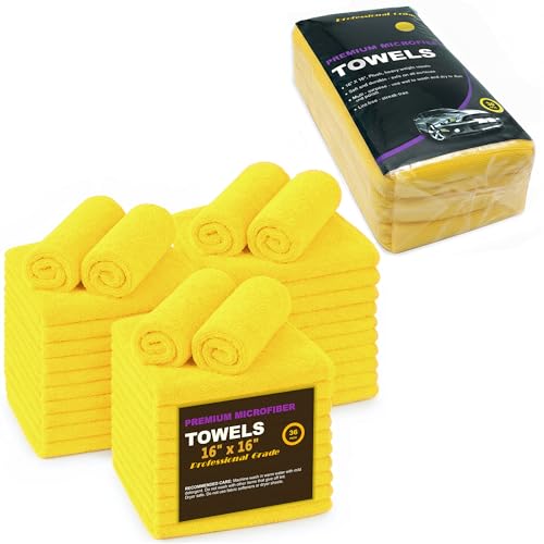 Yellow Microfiber Cleaning Towels 36-Pack Dual-Sided Ultra Soft Plush Washcloth Professional Grade Premium Microfiber Detailing Cleaning Cloths Car Household and Commercial (Yellow 16 x 16)