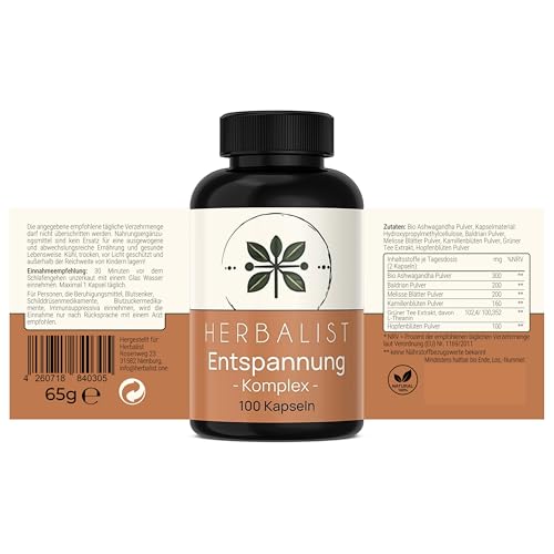 Herbalist Entspannung Komplex – Ashwagandha mit Baldrian, Melisse, Kamille, L- Theanin und Hopfen, 100 vegane Kapseln, ohne Koffein