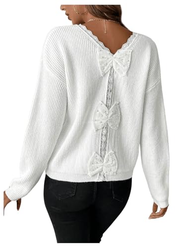Image of GORGLITTER Women's Bow Knot Sweaters Lace Trim Long Sleeve Ribbed V Neck Sweater Pullover