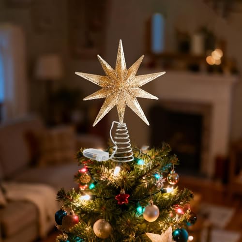 Estrella para árbol de Navidad elegante con purpurina y luces LED brillantes 6