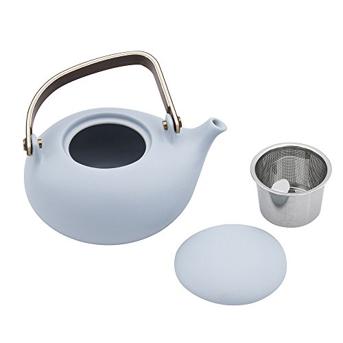 Zens Matte Finish Light Blue Ceramic Teapot 28Oz, Nature Bentwood Handle, Pebble Shaped Lid, And Stainless Steel Strainer For Loose Leaf & Flower Tea #TOP1