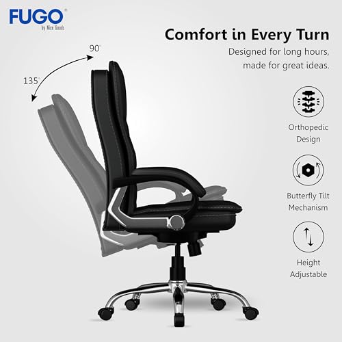 Image of FUGO FG112 Ergonomic Office Chair with Adjustable Height, Cushioned Back & Seat, Tilting Mechanism, Heavy-Duty Metal Base, Dual Nylon Casters - Ideal for Work, Gaming, Study, 3-Year Warranty (Black)