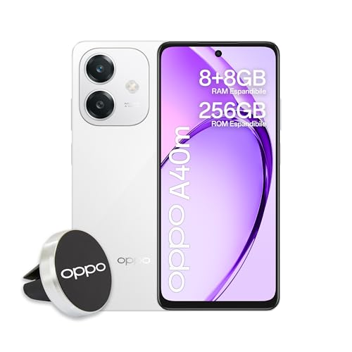 OPPO A40M Smartphone, Cámara AI 50MP Selfie 5MP Pantalla 6.67' 90Hz LCD HD+, 5100mAh, RAM 16GB (8+8) +ROM 256GB (esp1TB), IP54, Soporte Automático [Versión Italia], Starlight White