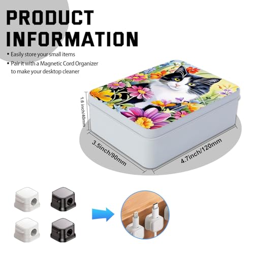 Image of Metal Tin Box with Lid,Multi-functional Storage Box Can Store Tea Biscuits Game Cards, Playing & Tarot Cards-Comes with 4 Magnetic Cord Clips,Tuxedo Cat in Flowers