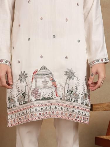 Image of Amazon Brand - Tavasya Men Printed Kurta with Ethnic Motif Border | Special Haldi Kurta | Festive Embellished Long Kurta | Embroidery Kurta | Ethnic Wear | Mandarin Collar | Knee Length