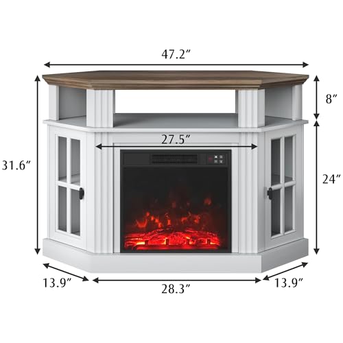 Image of YESHOMY Corner Fireplace TV Stand for Television up to 55 inch with Storage Cabinets, Entertainment Center, Media Console for Living Room, Bedroom, White&Rustic