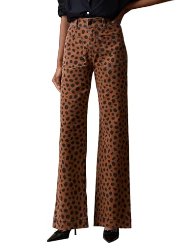 Women's Leopard Bell Bottom Jeans Mid Rise Stretchy Cheetah Print Flared Demin Pants